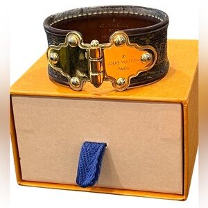 Louis Vuitton Brown Monogram Leather Cuff with Gold Plate Hinge